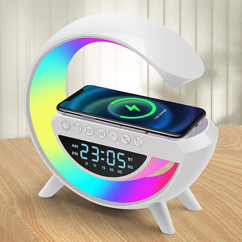 Lampa Smart LED RGB si Incarcator Wireless 15W, Lumini Ambientale, Sincronizare muzicala, Difuzor 5W, Muzica Bluetooth, USB, FM Radio, MicroSD, AUX, Afisaj Ceas Digital, Alarma, Alb